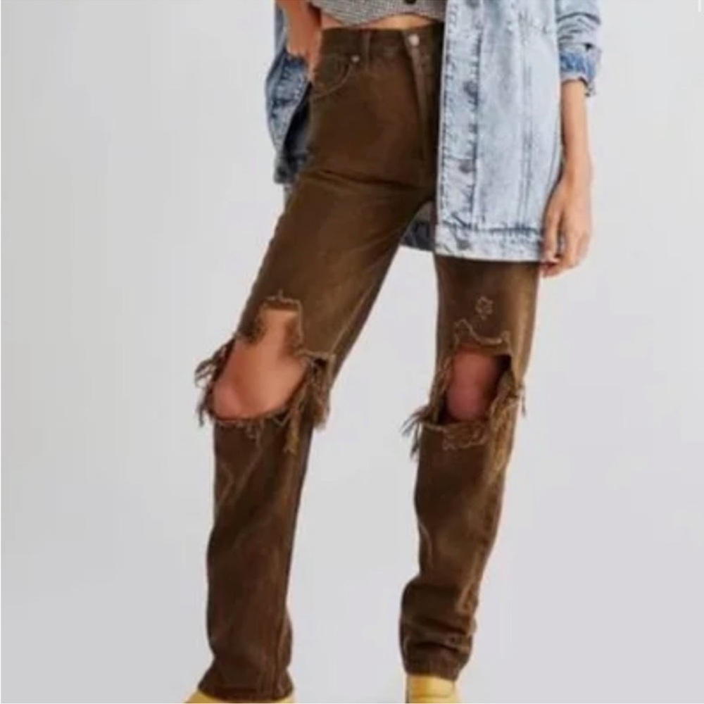 Free People We the Free The Lasso Jeans Distressed Olive sz 26